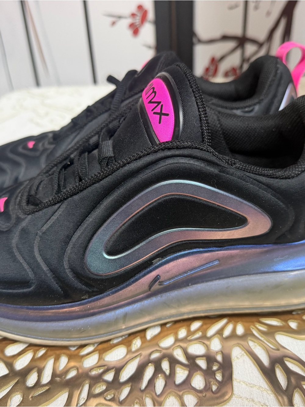 Nike Black Sneakers with Hot Pink Accents and Iridescent Panels
